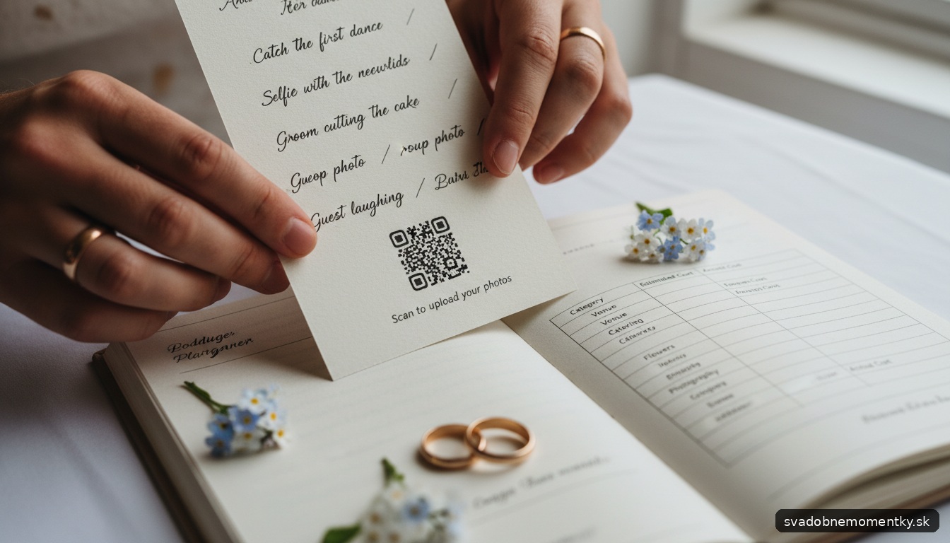 detail: ruky držiace svadobnú kartičku fotografického binga s jasne viditeľnými úlohami a QR kódom na nahrávanie fotogra