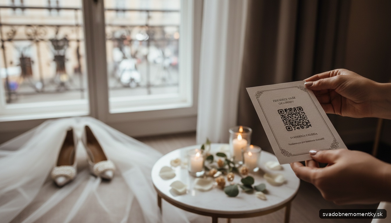detail: detail rúk držiacich svadobnú pozvánku s QR kódom na nahrávanie fotografií, v pozadí jemne rozmazané drobné deko