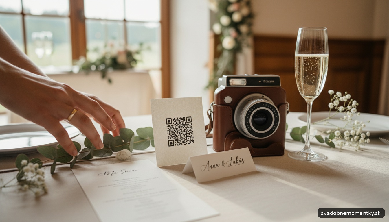 detail: záber na malú kartičku s QR kódom položenú vedľa svadobného menu a menovky na elegantne prestretom stole