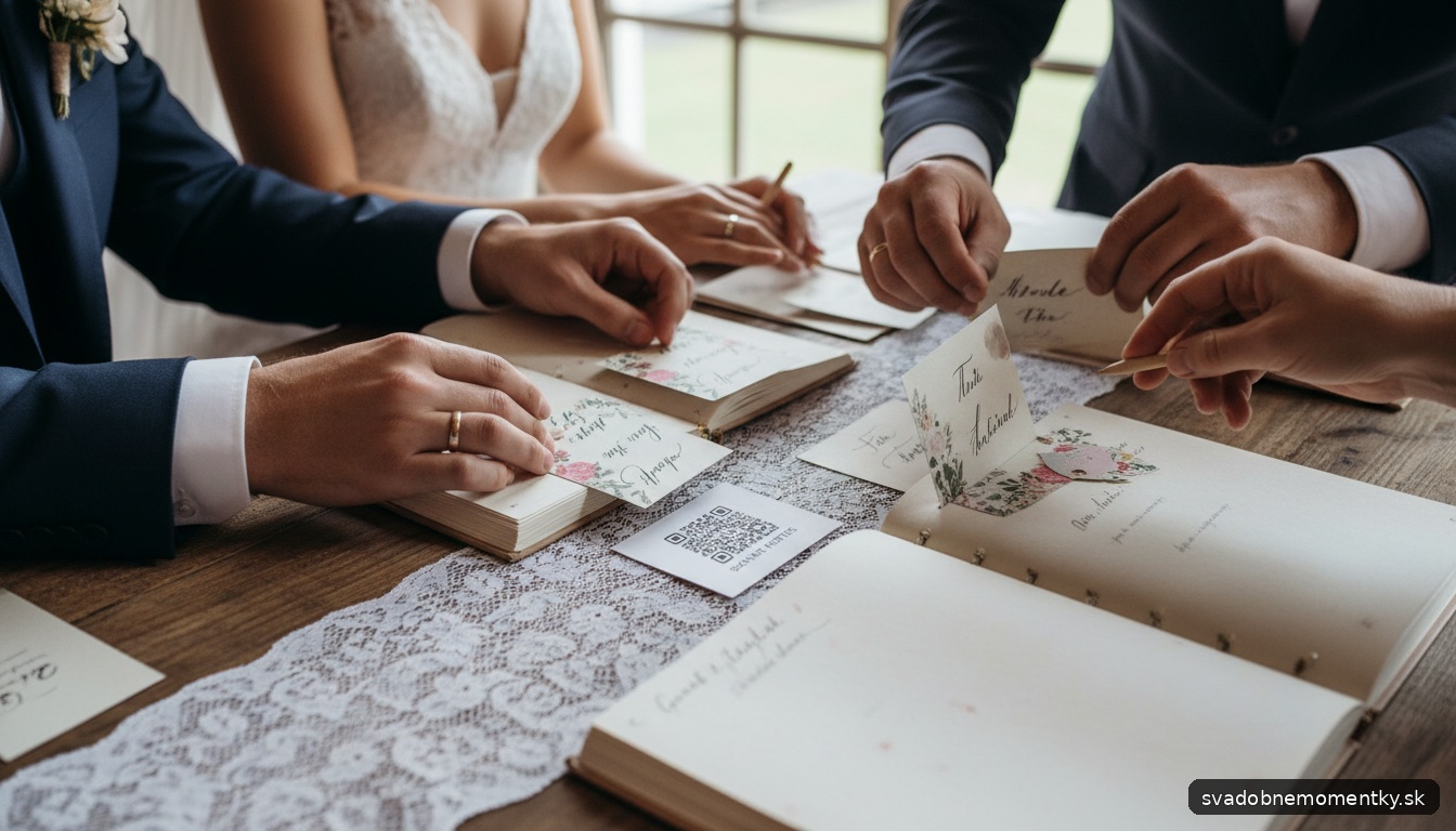 detail: ruky nevesty a ženícha držia svadobné menovky a malý papier s QR kódom na zdieľanie fotografií