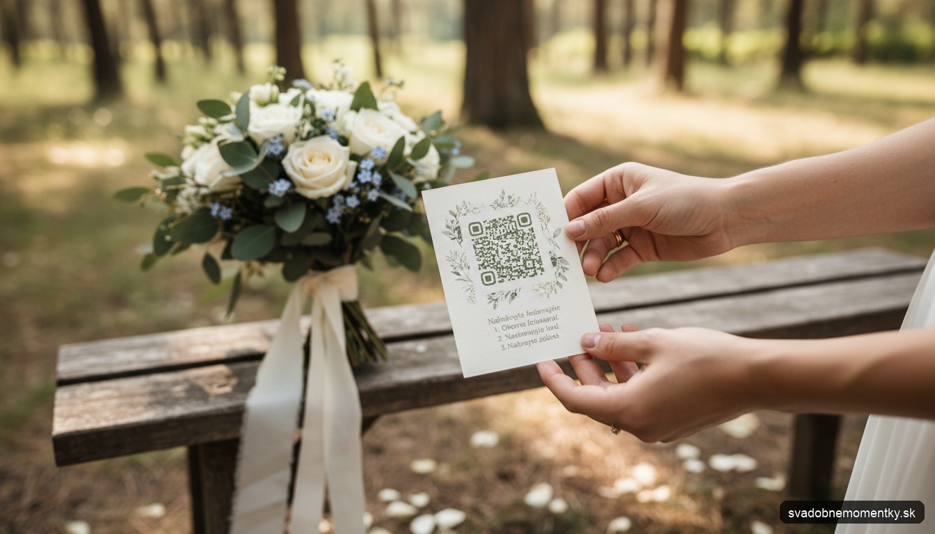 detail: detail rúk držiacich svadobnú QR kartičku s názorným popisom nahrávania fotografií od hostí