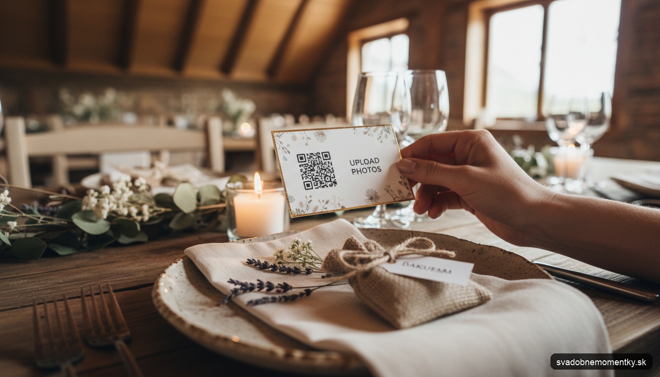 detail: ruky držia elegantnú kartičku s QR kódom na nahrávanie fotografií, vedľa sviečky a drobných kvetov na rustikálno