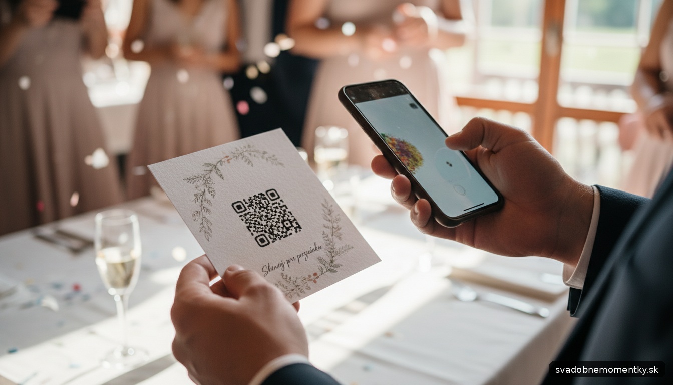 detail: ruky držia svadobnú kartičku s QR kódom na pozvánku, pozadie jemne rozmazané, zamerané na QR kód a detail textu