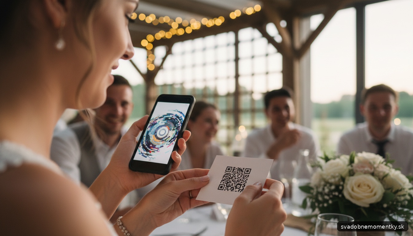 detail: ruky nevesty držia malú kartičku s QR kódom na prístup do online galérie svadobných fotografií