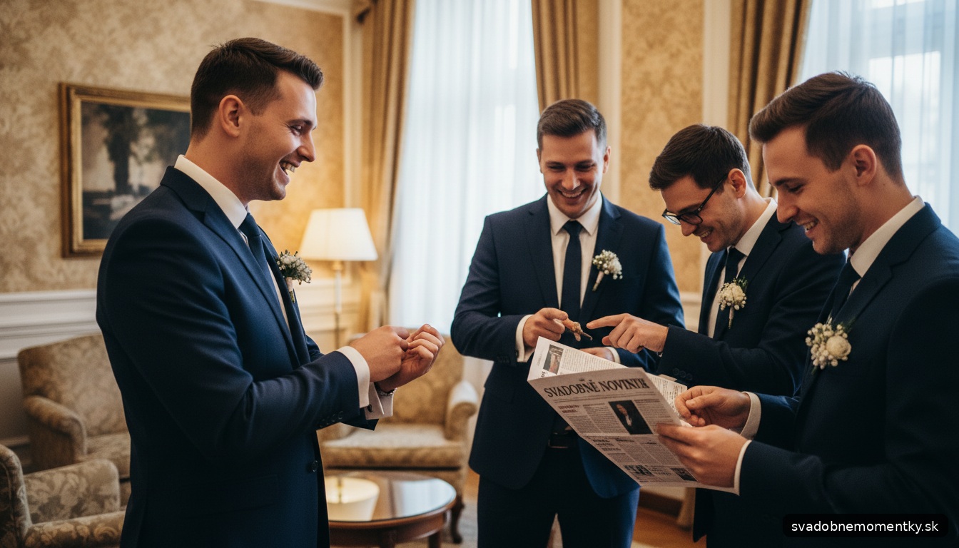 moment: hostia sa smejú a čítajú svadobné noviny počas prestávky medzi jedlami na svadbe