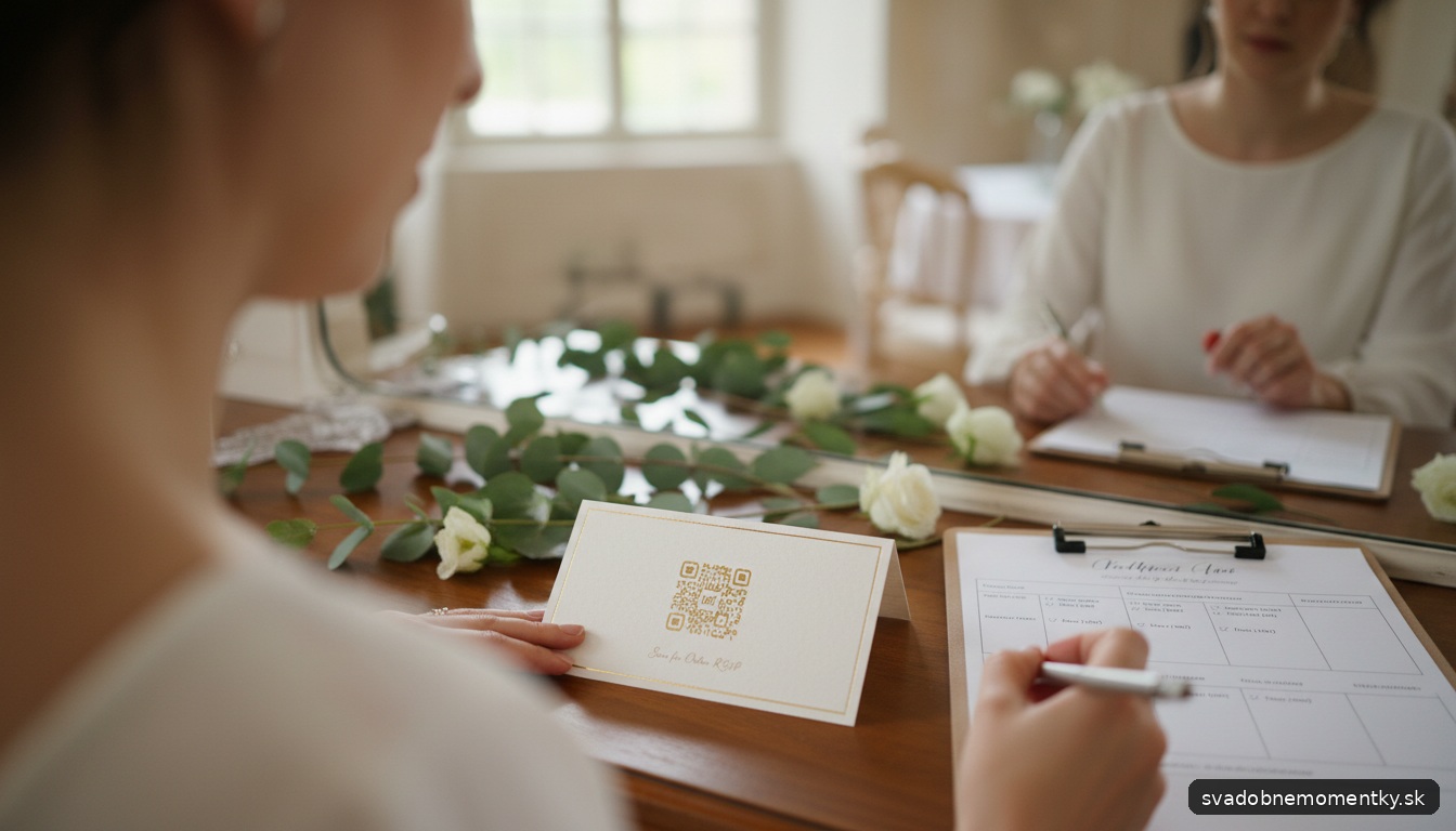 detail: detailná záber na svadobnú kartičku s QR kódom vedúcim na online RSVP formulár položenú na elegantnom stole s je