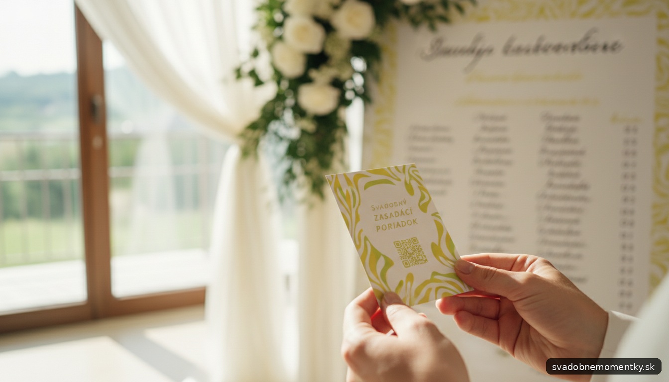 detail: ruky držiace elegantnú QR kartičku s dizajnom v odtieňoch Butter Yellow a limetkovej farby, na pozadí jemne rozm