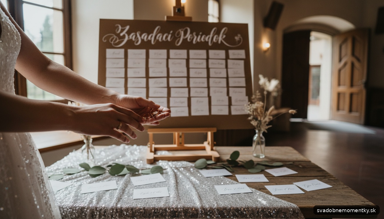 detail: ruky nevesta a ženícha držia svadobné obrúčky na trblietavej látke, jemné svetlo zdôrazňuje materiál