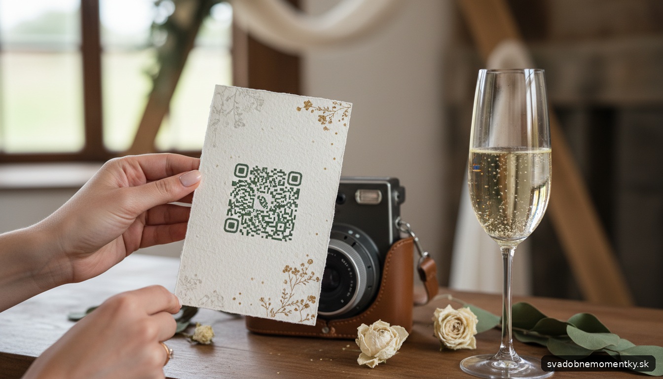 detail: ruky nevesty držia svadobnú pozvánku s QR kódom, vidieť detail jemnej výzdoby a textúry papiera